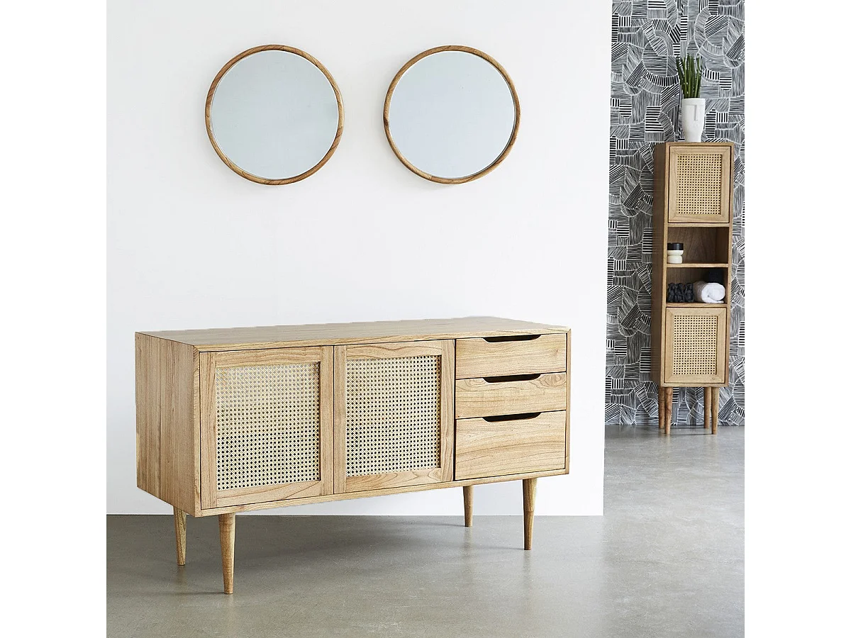 Mueble de baño doble de madera de mindi maciza y rejilla de 135 cm