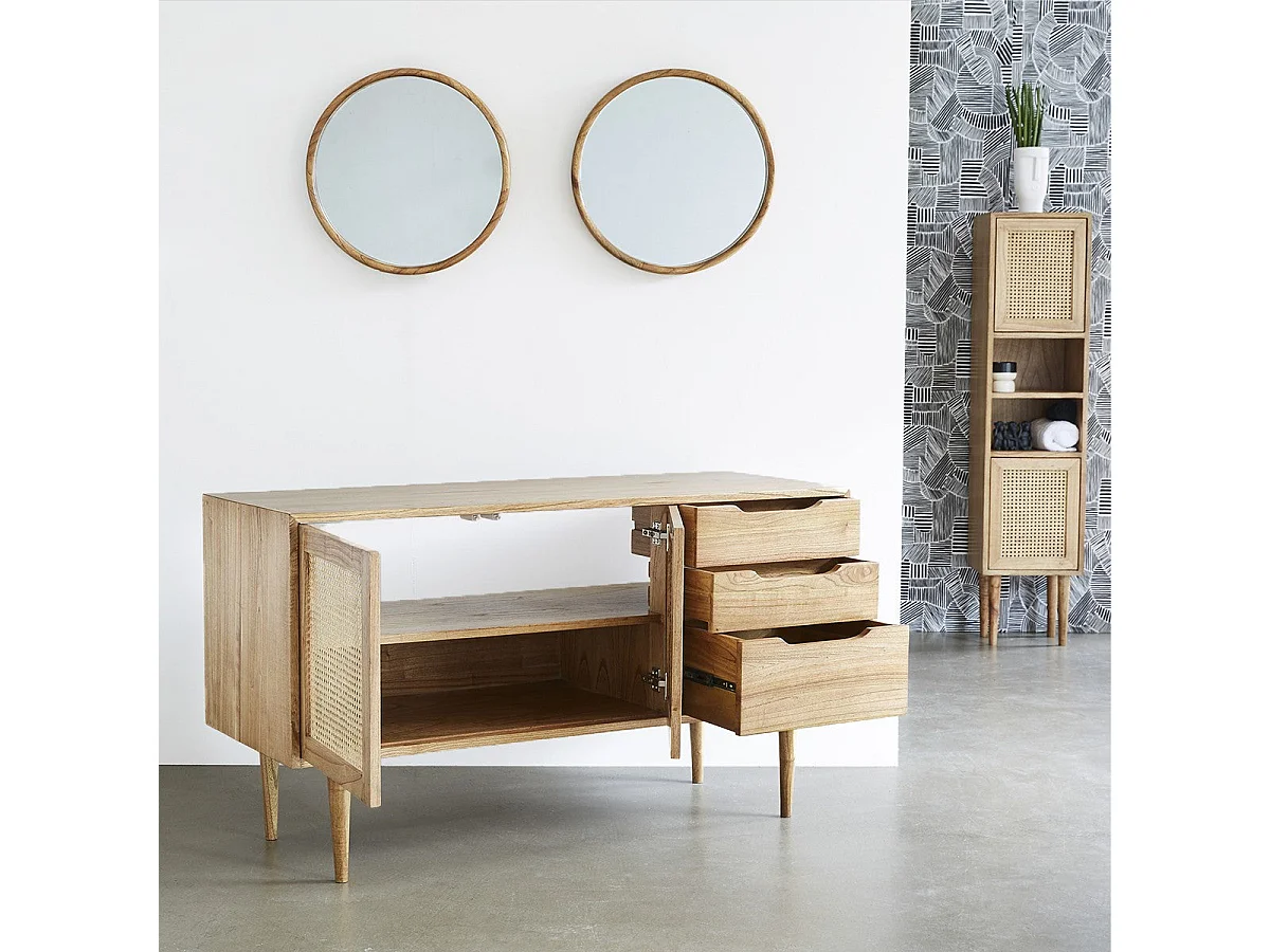 Mueble de baño doble de madera de mindi maciza y rejilla de 135 cm