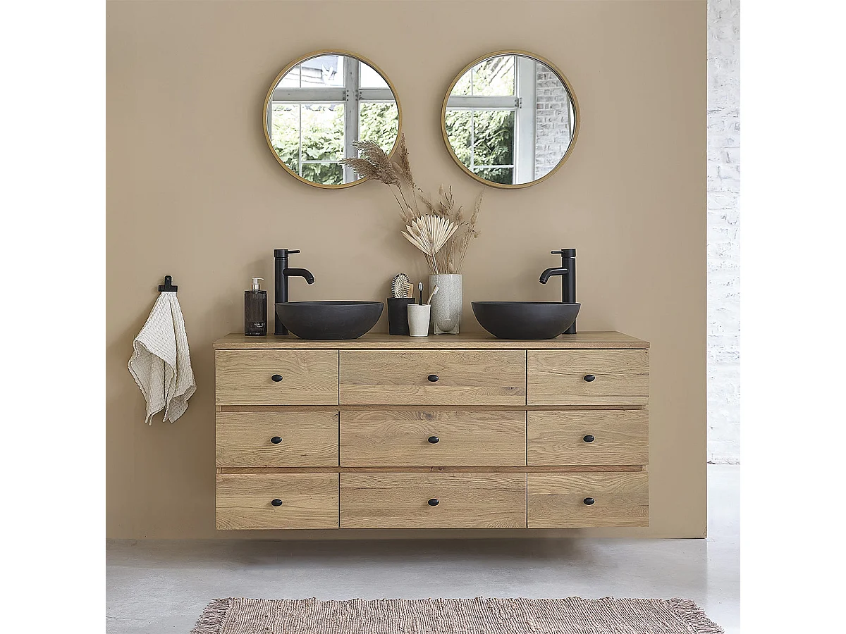 Mobile doppio lavabo sospeso in massello di rovere 140 cm