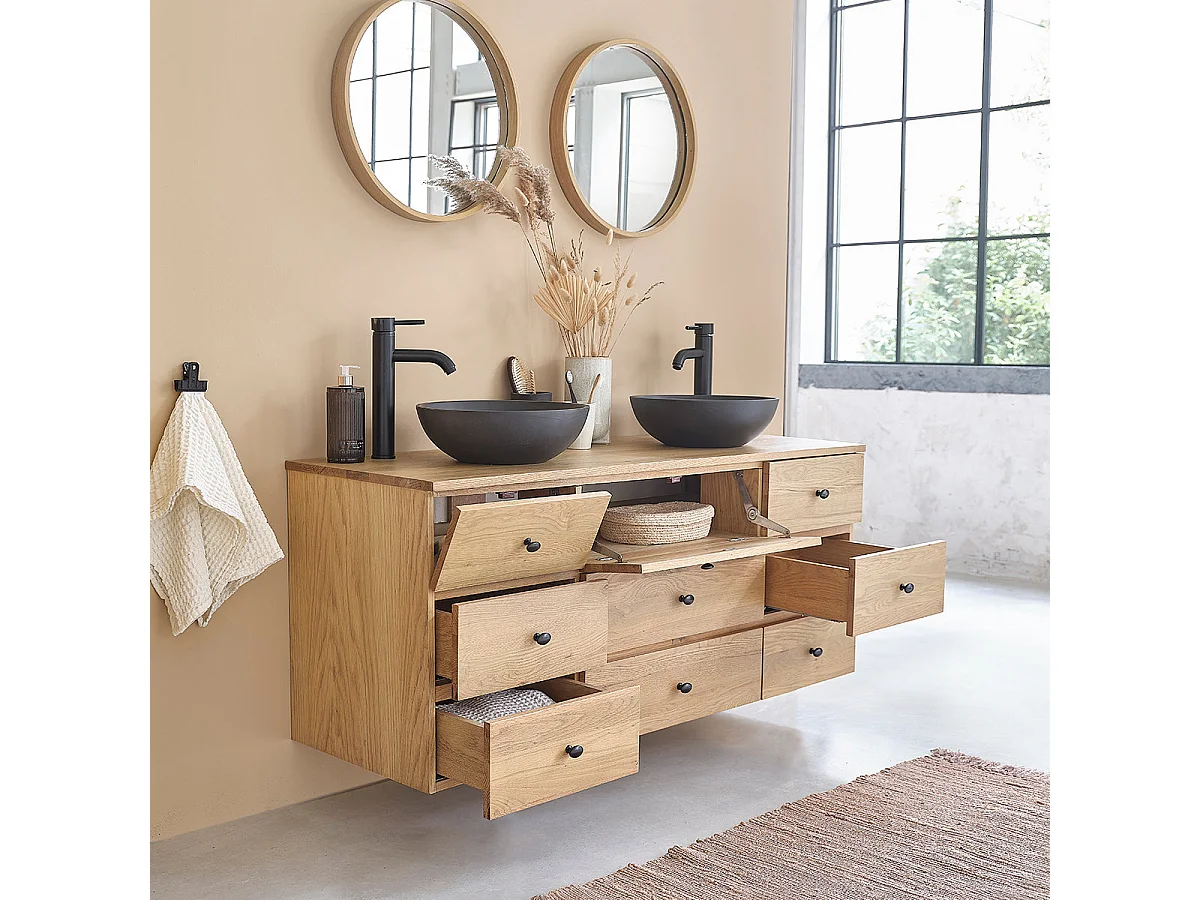 Mueble doble para lavabo de roble macizo suspendido de 140 cm