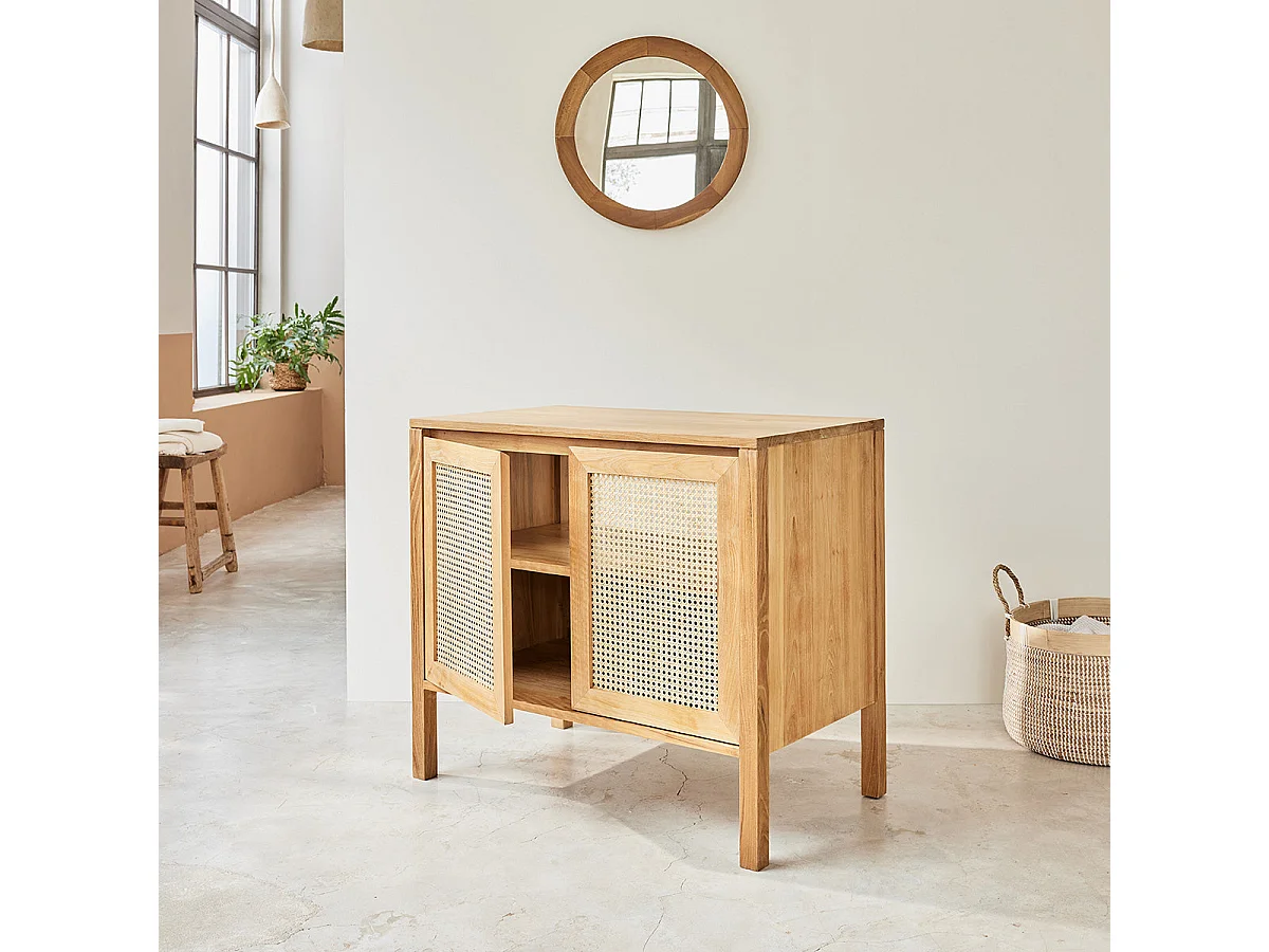 Meuble de salle de bain en teck massif et cannage 90 cm