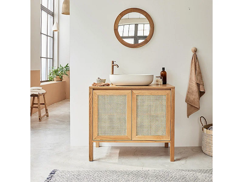 Meuble de salle de bain en teck massif et cannage 90 cm