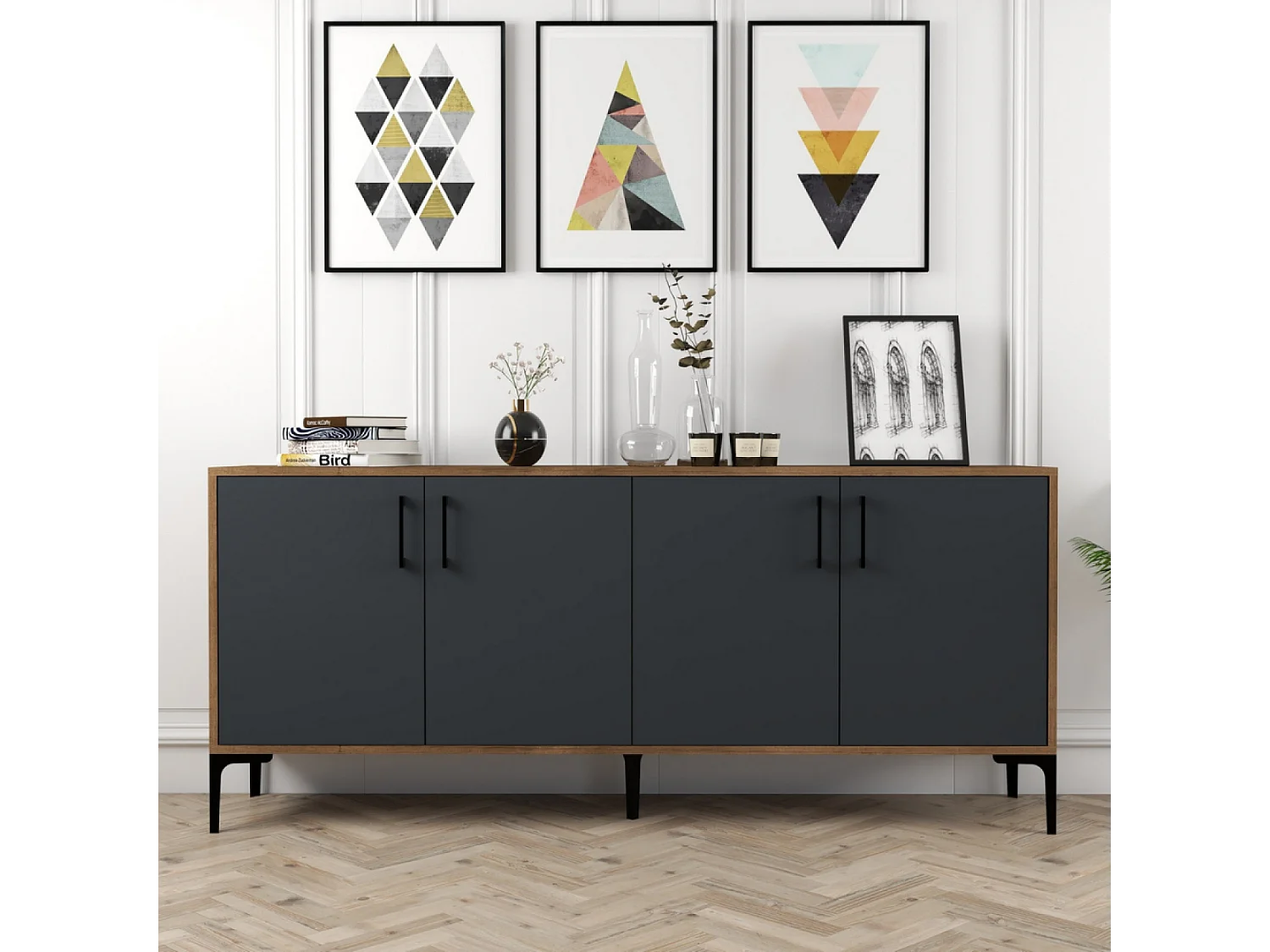 Industrieel Buffet ARKEL 160cm Antraciet en Walnoot, 4 Deuren, 4 Planken