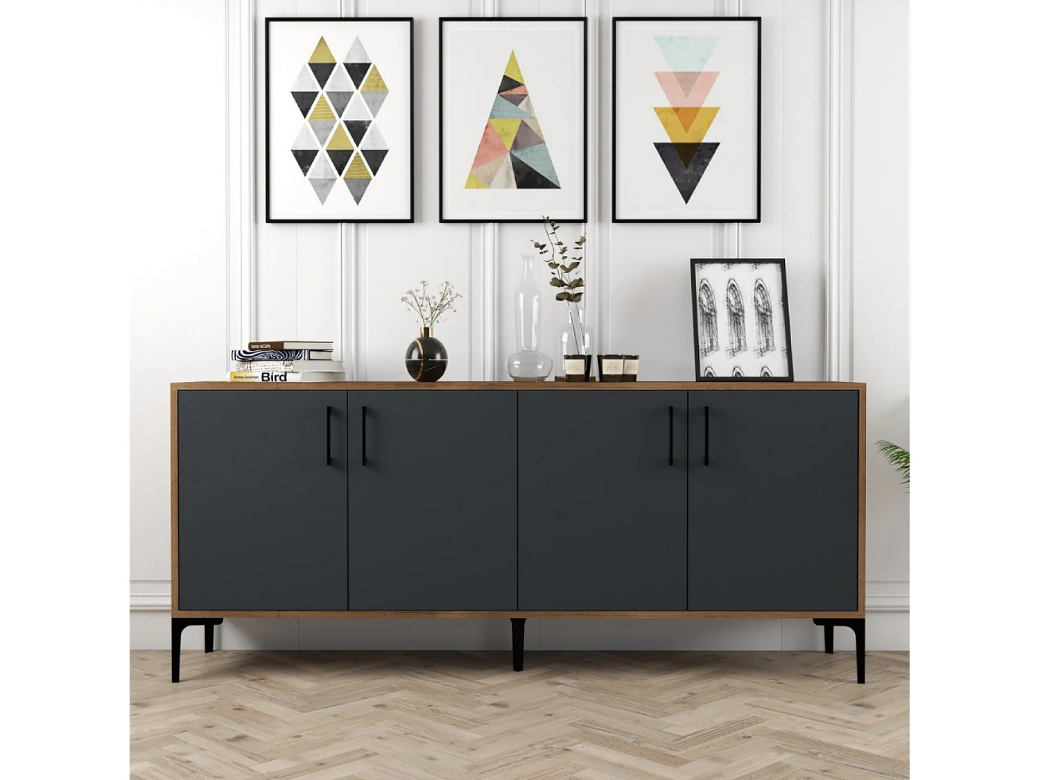 Industrieel Buffet ARKEL 160cm Antraciet en Walnoot, 4 Deuren, 4 Planken