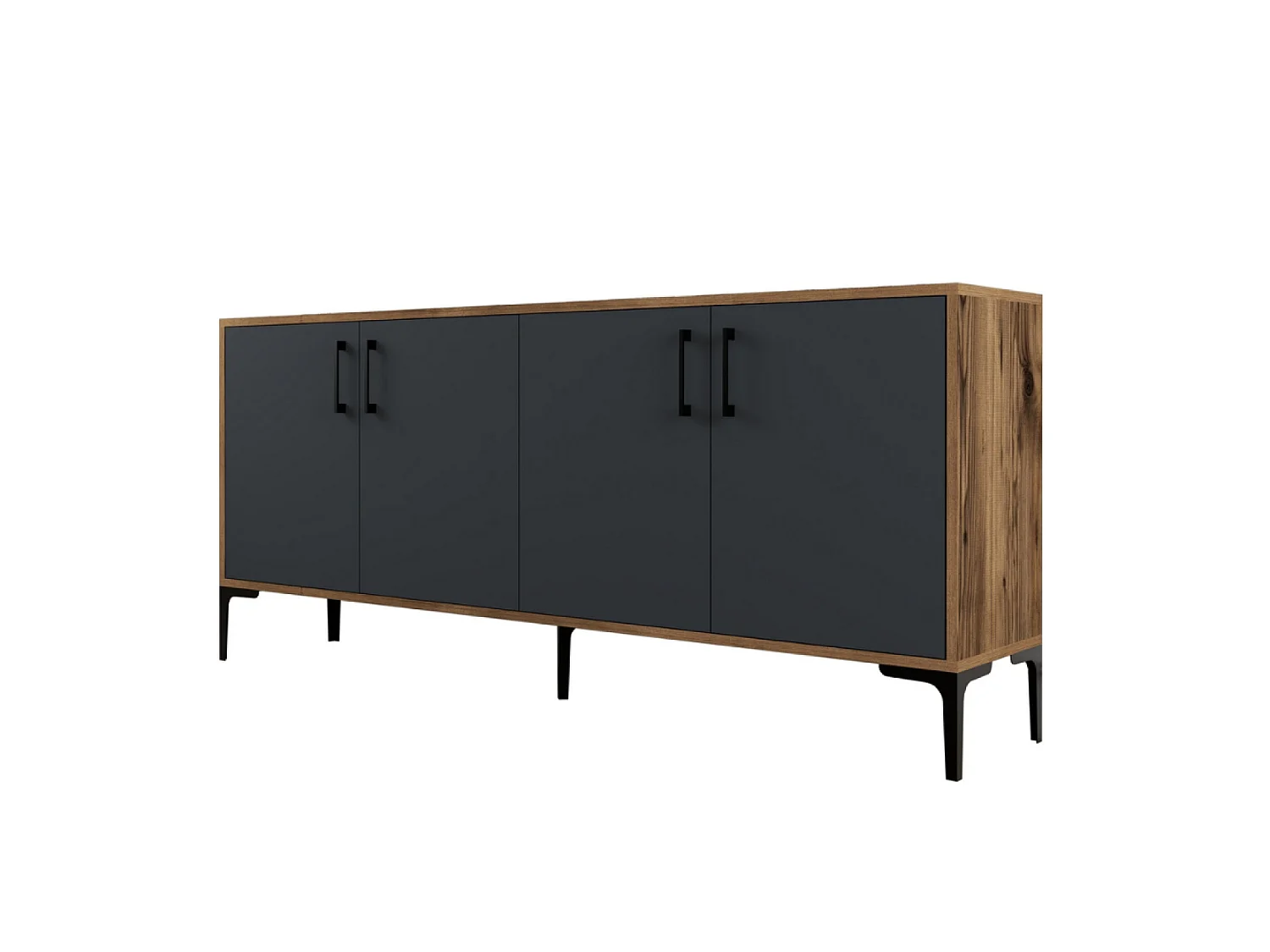 Industrieel Buffet ARKEL 160cm Antraciet en Walnoot, 4 Deuren, 4 Planken