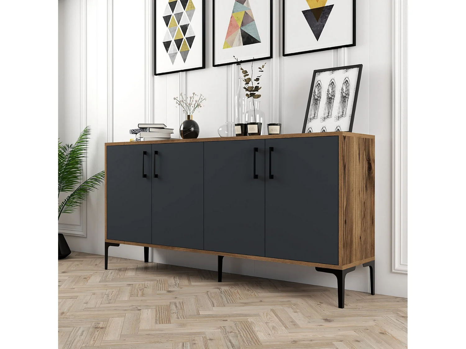 Industrieel Buffet ARKEL 160cm Antraciet en Walnoot, 4 Deuren, 4 Planken