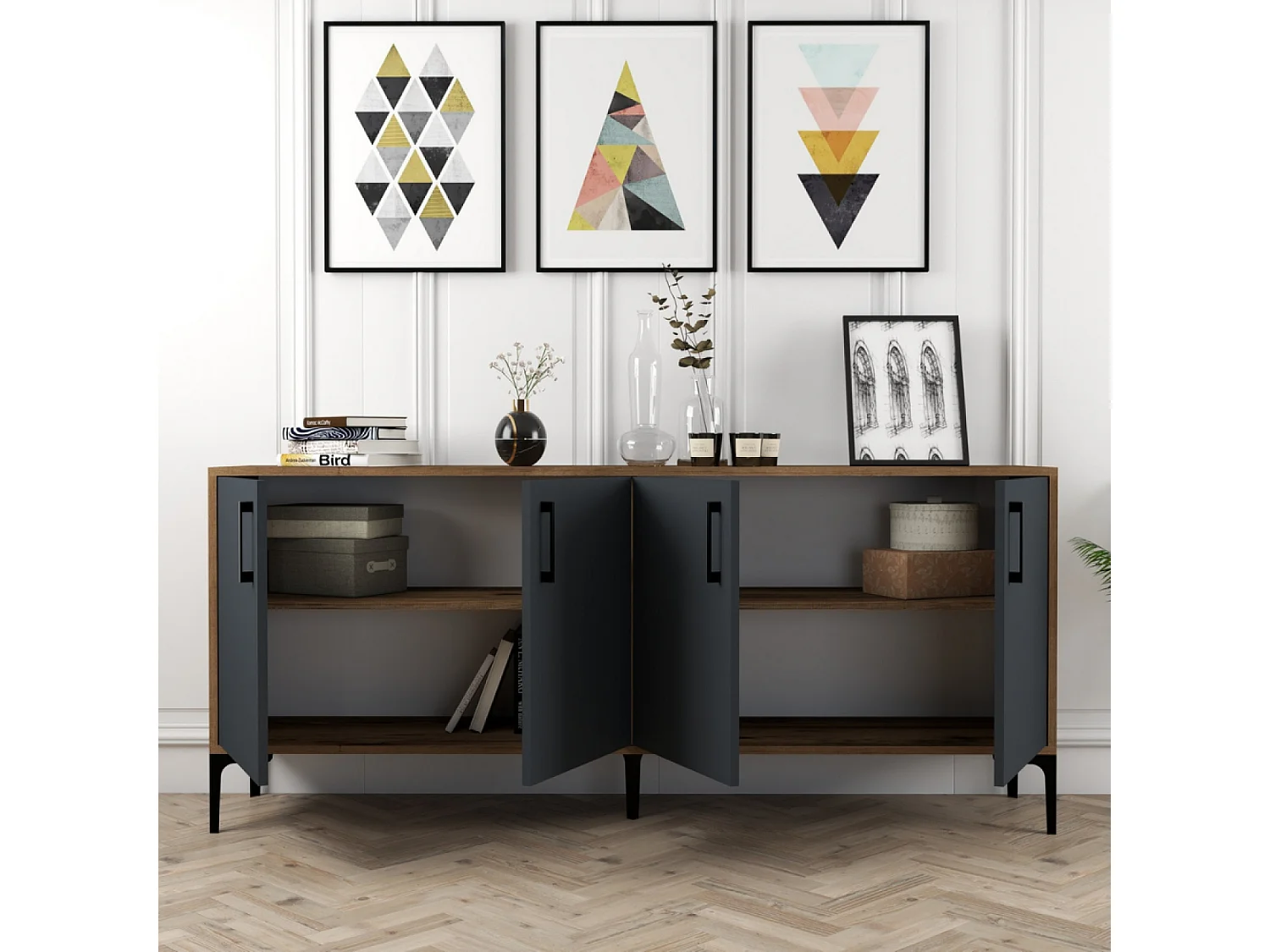 Industrieel Buffet ARKEL 160cm Antraciet en Walnoot, 4 Deuren, 4 Planken