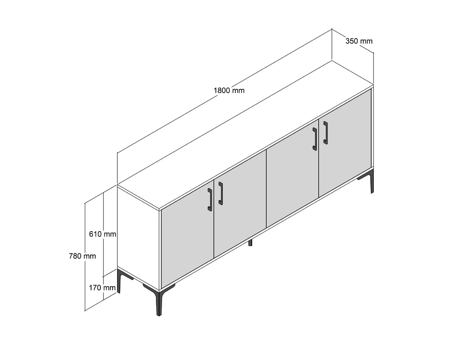 Industrieel Buffet ARKEL 160cm Antraciet en Walnoot, 4 Deuren, 4 Planken