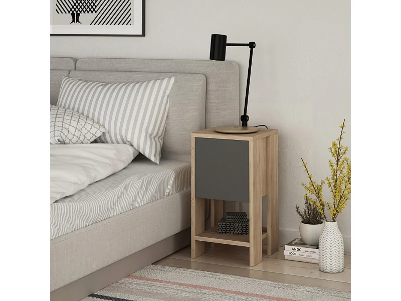 Nachttisch aus Holz und Grau mit Stauraum SISA