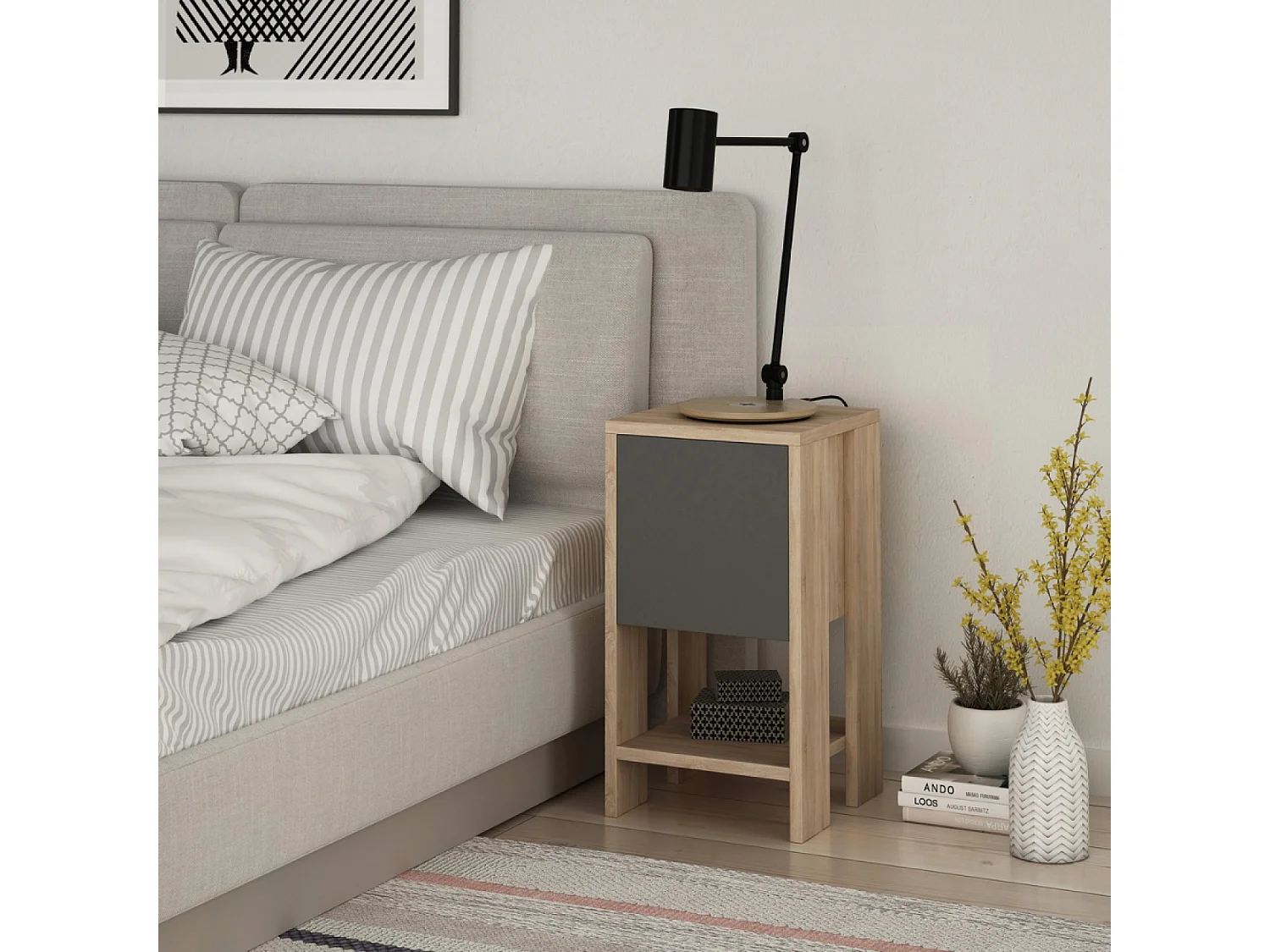 Nachttisch aus Holz und Grau mit Stauraum SISA