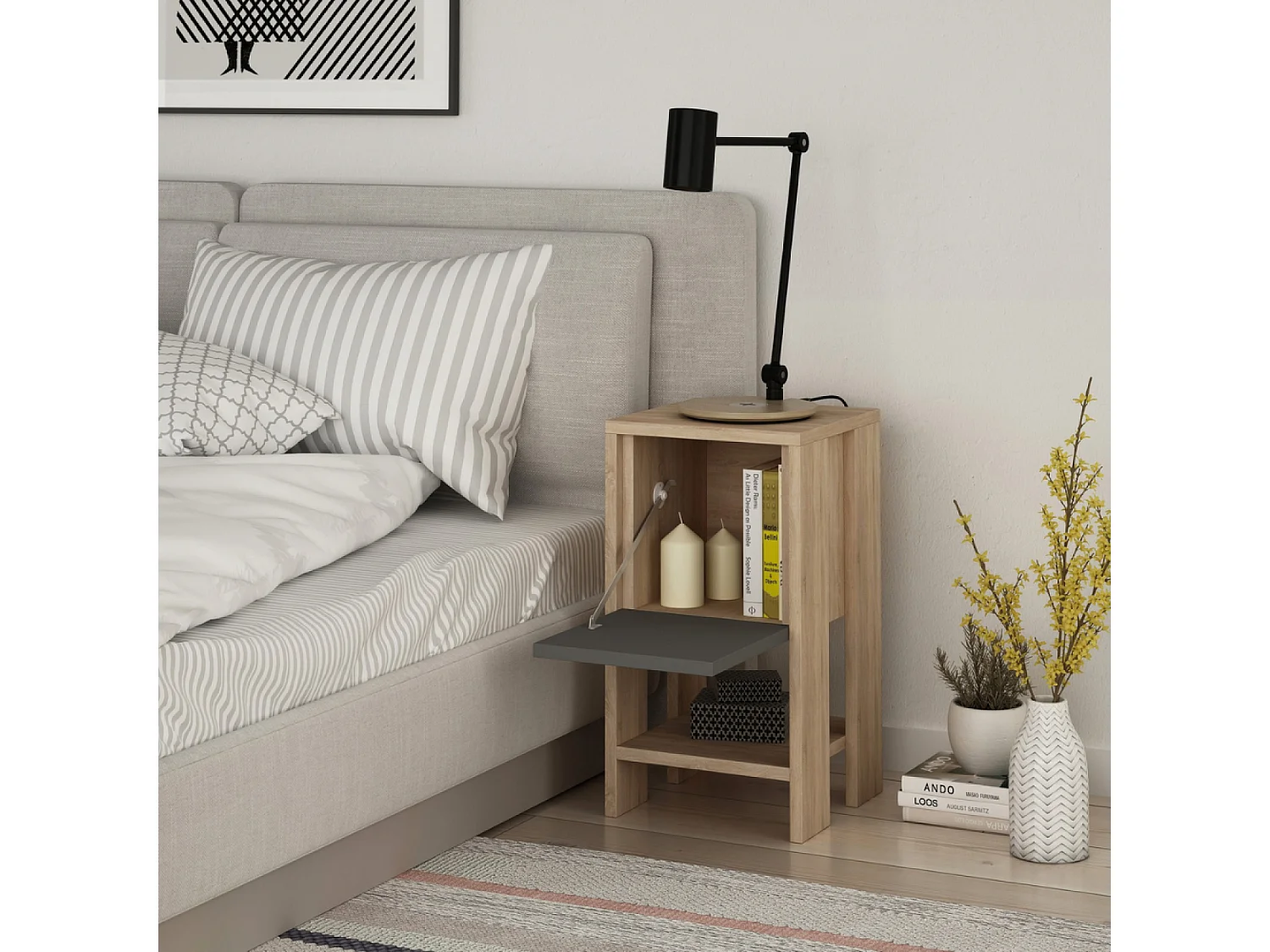 Nachttisch aus Holz und Grau mit Stauraum SISA