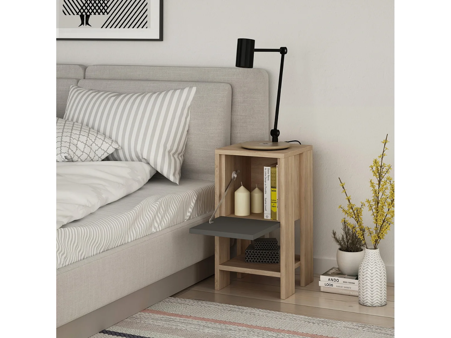 Table de chevet bois et gris avec rangement SISA