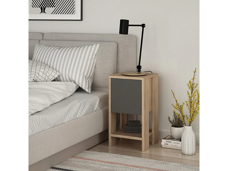 Table de chevet bois et gris avec rangement SISA