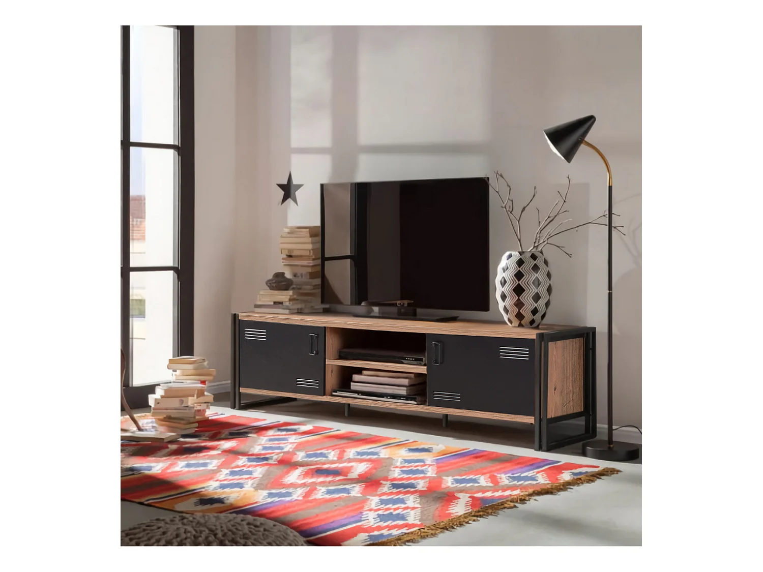Industriële TV-meubel 180 cm SKARM Pin Atlantique en Zwart
