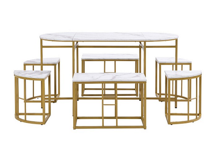 Ensemble Table à Manger 6 Personnes Avec Chaises - Design Moderne Marbre Et Métal Doré - 140x70cm - 6