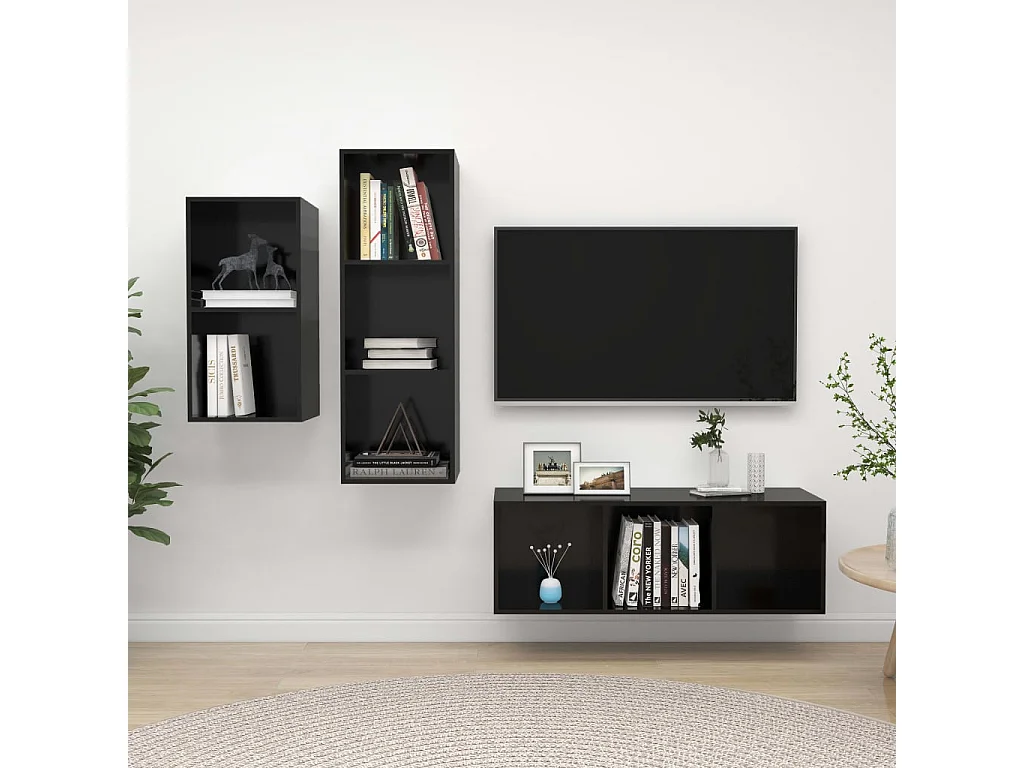 Ensemble de meuble TV 3 pcs Noir brillant Aggloméré