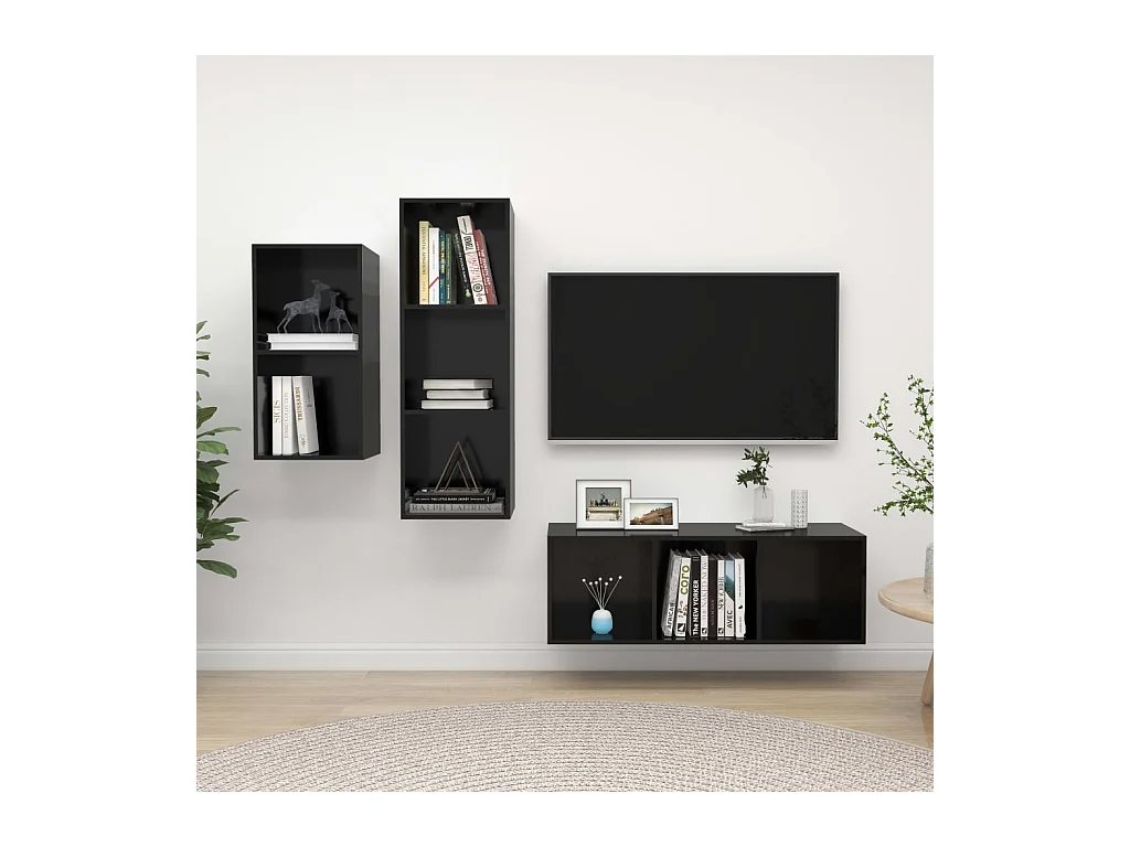 Set mobile TV 3 pezzi. Truciolato nero lucido