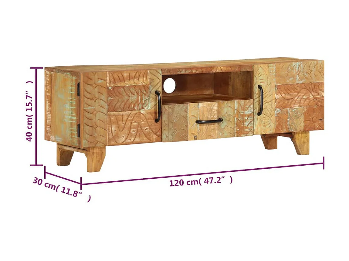 Móvel de TV esculpido à mão 120x30x40 cm Madeira recuperada