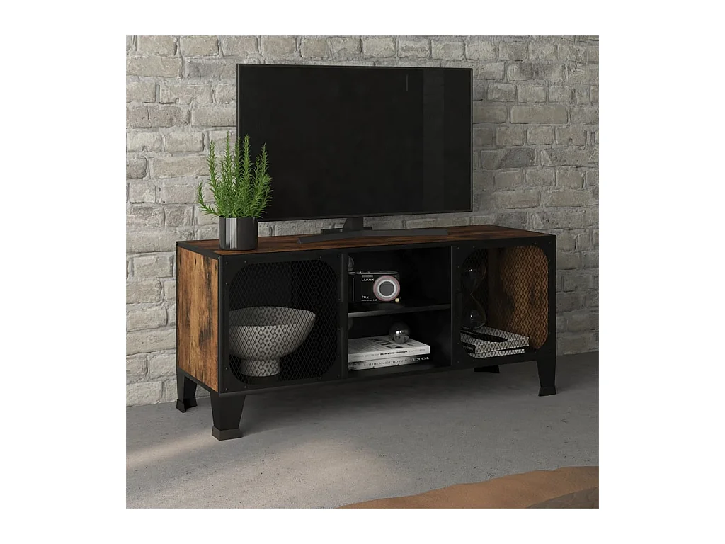 Meuble TV Marron rustique 105x36x47 cm Métal et MDF