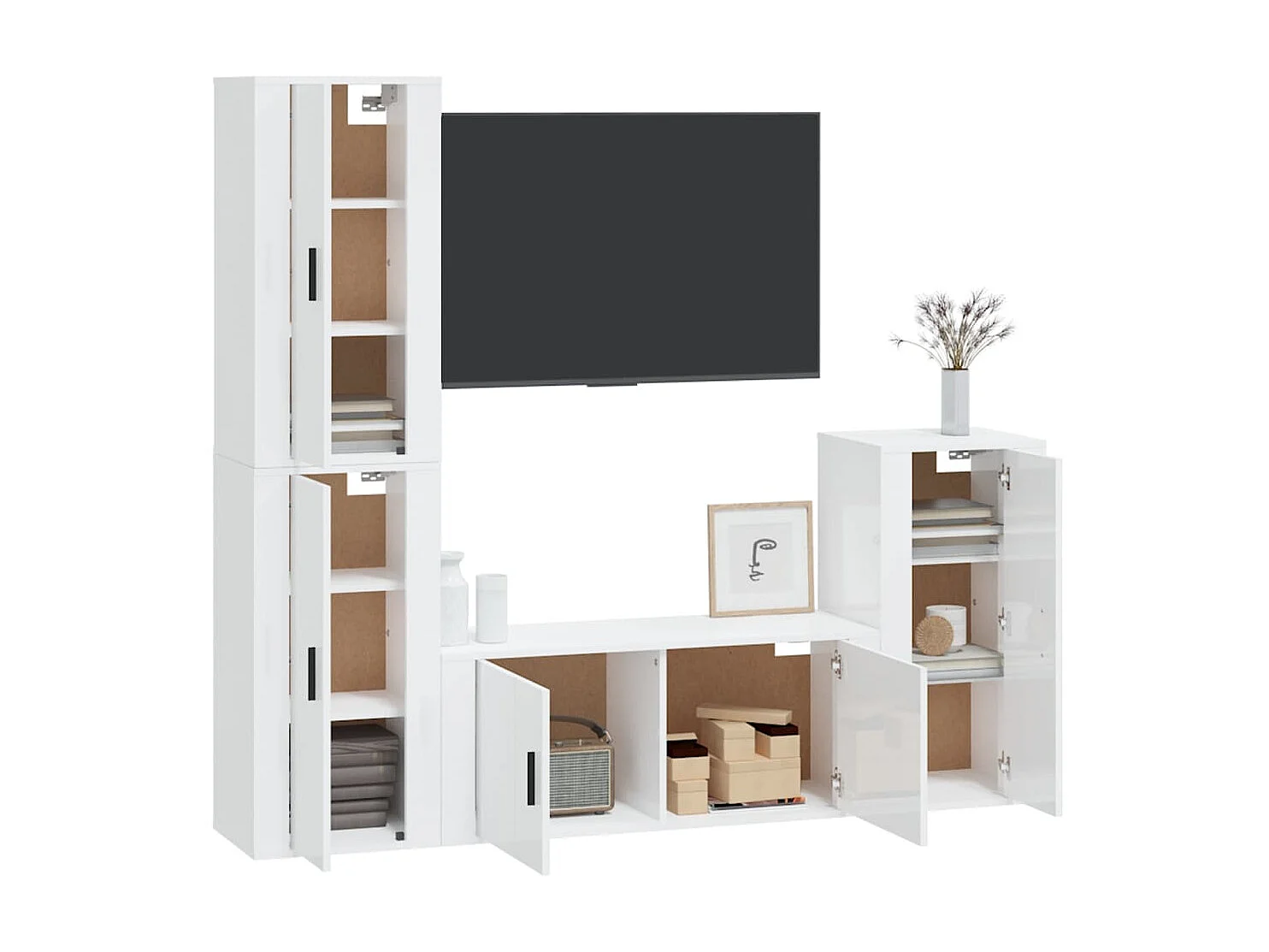 Conjunto de suporte de TV de 4 peças em madeira projetada em branco brilhante