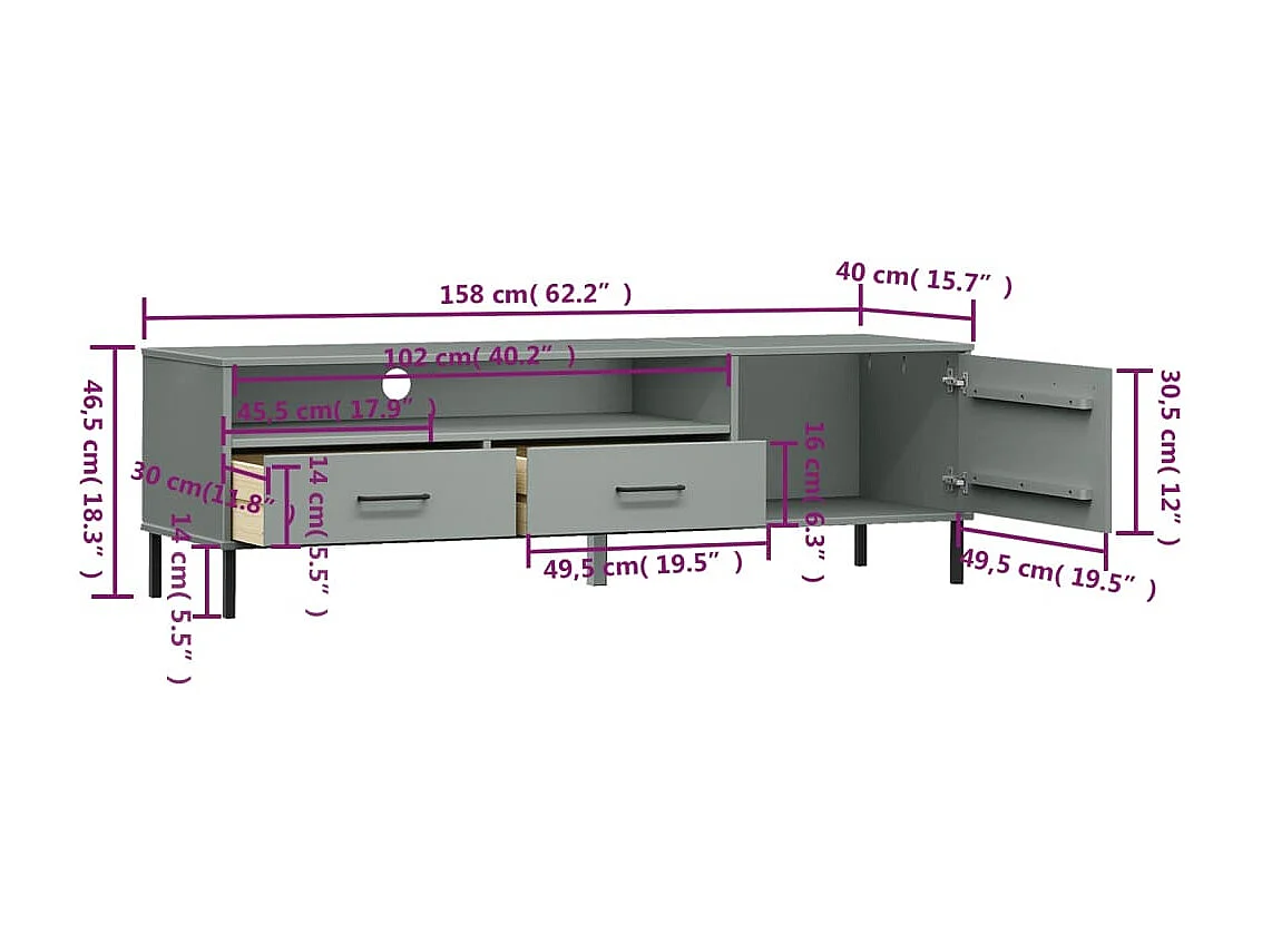 Mobile TV con gambe in metallo grigio Legno di pino massiccio OSLO