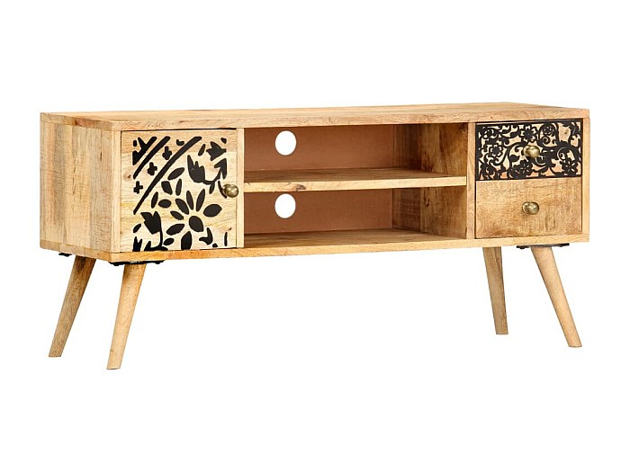 Meuble TV En Bois De Manguier Massif - 120 X 30 X 50 Cm - Couleur Noire (Neuf)