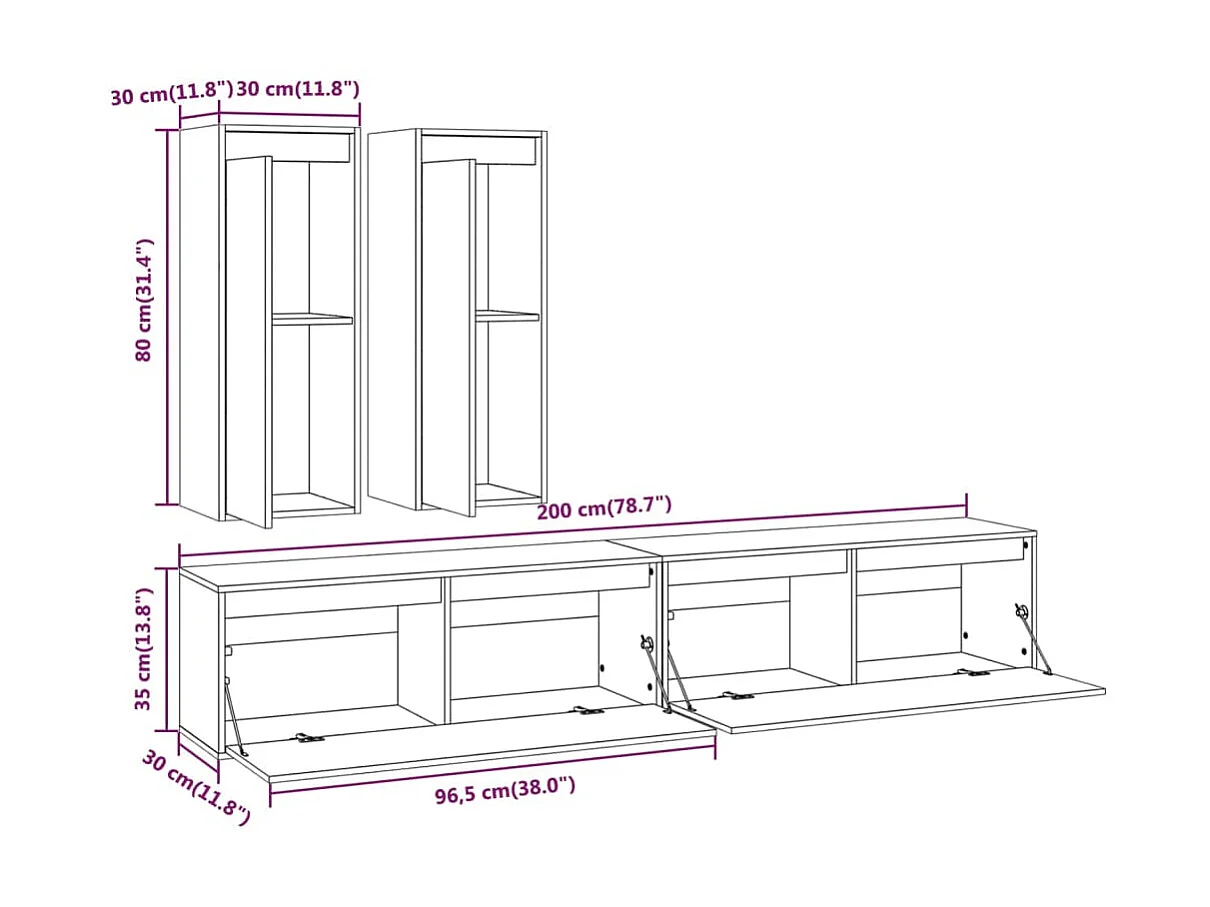 Meubles TV 4 pcs Blanc Bois massif de pin