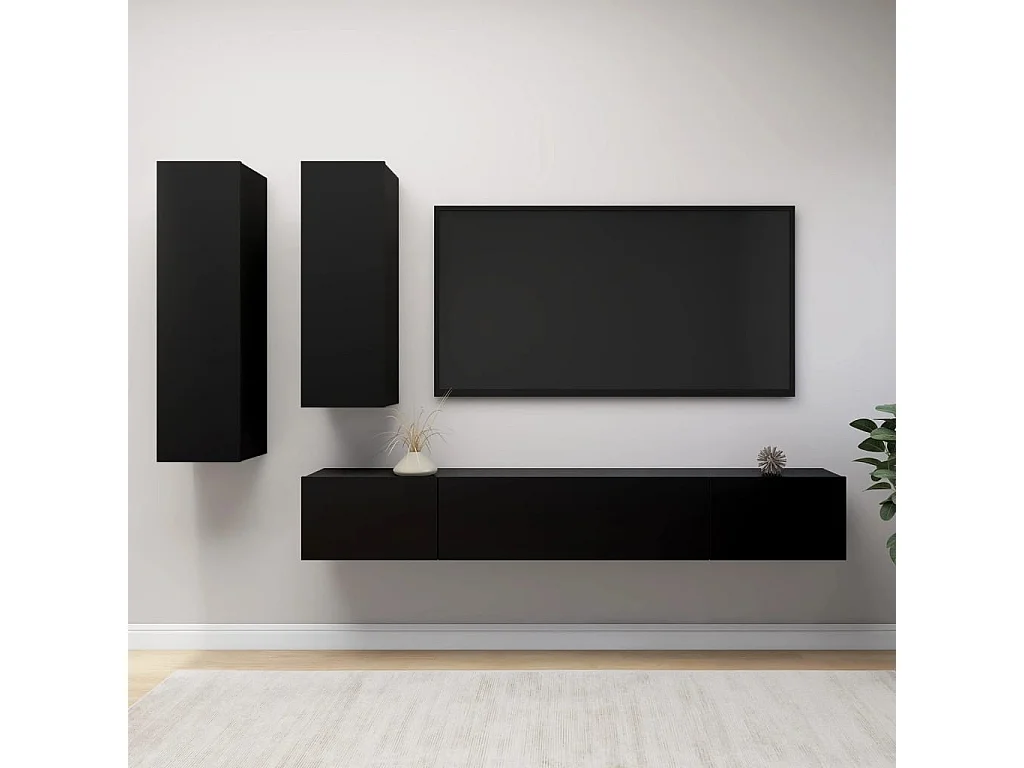TV-Schrank-Set, 4-teilig, schwarze Spanplatte