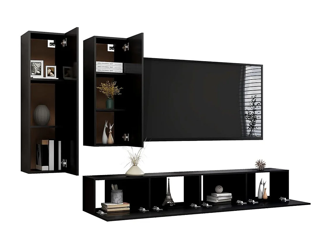TV-Schrank-Set, 4-teilig, schwarze Spanplatte