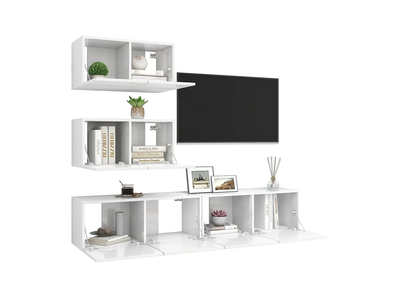 4-teiliges TV-Schrank-Set aus glänzend weißer Spanplatte