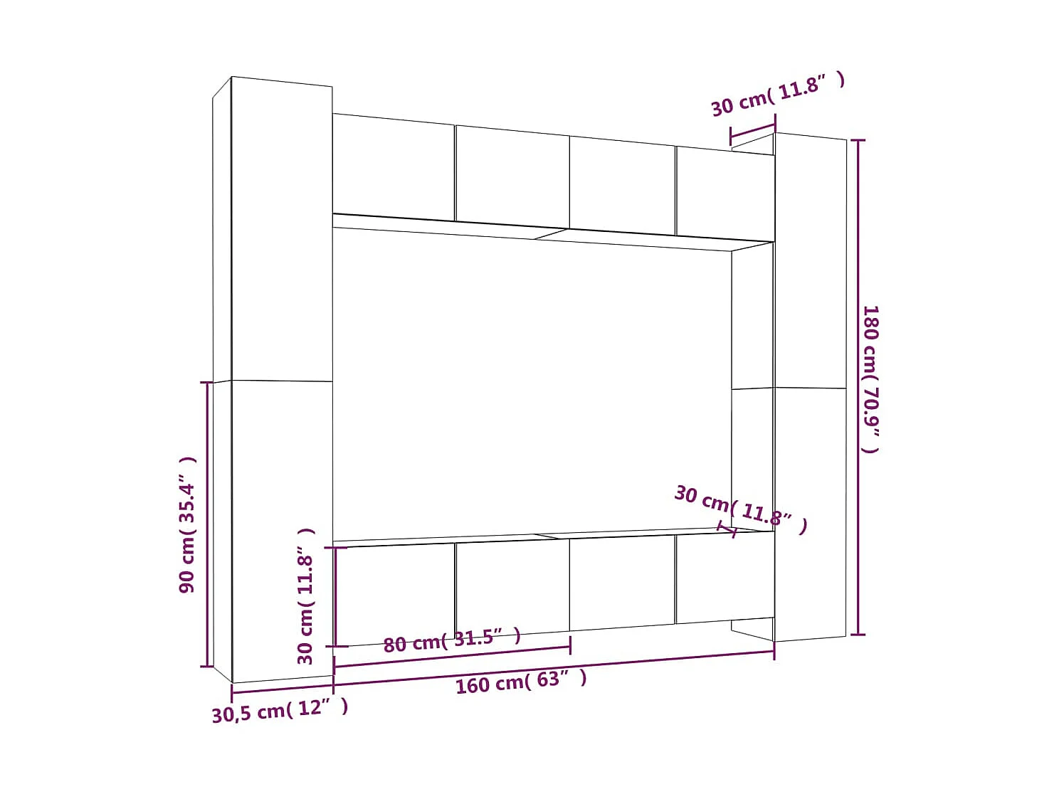 8-teiliges TV-Ständer-Set aus weißem Holzwerkstoff