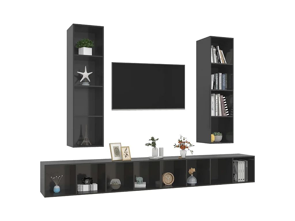 Mobili TV a parete 4 pz. Truciolare grigio lucido