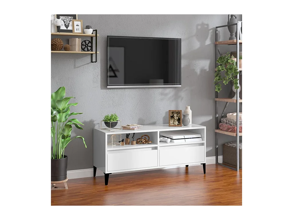 Meuble TV blanc brillant 100x34,5x44,5 cm bois d'ingénierie
