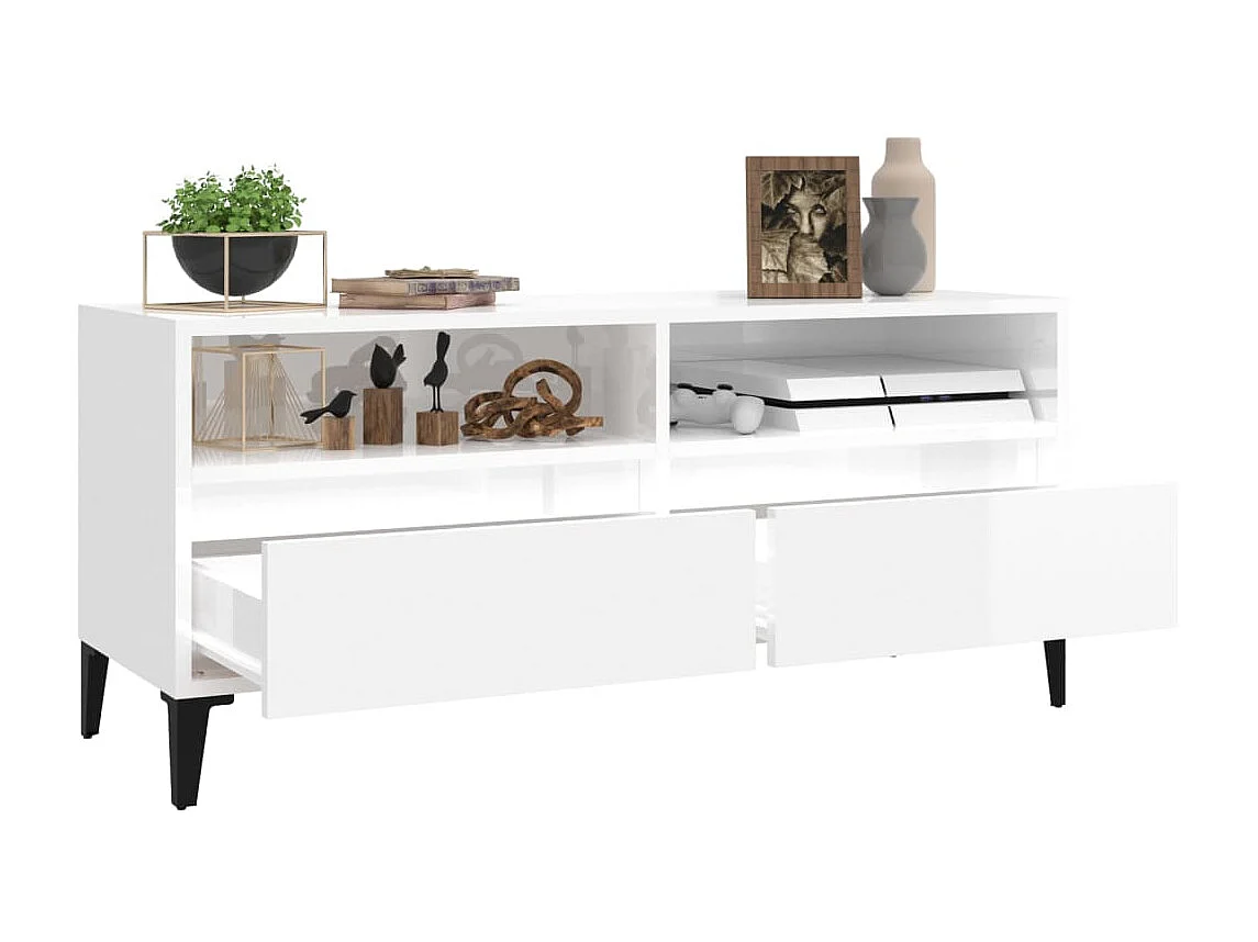 Meuble TV blanc brillant 100x34,5x44,5 cm bois d'ingénierie
