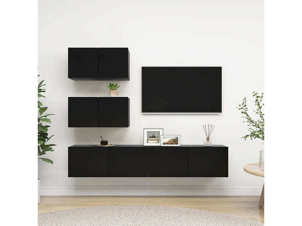 TV-Schrank-Set, 4-teilig, schwarze Spanplatte