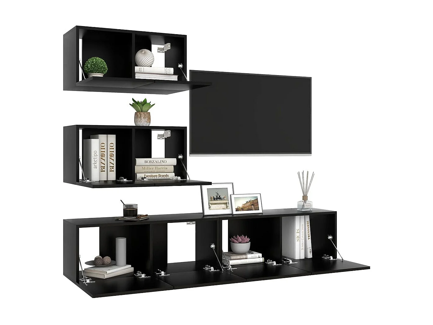 TV-Schrank-Set, 4-teilig, schwarze Spanplatte