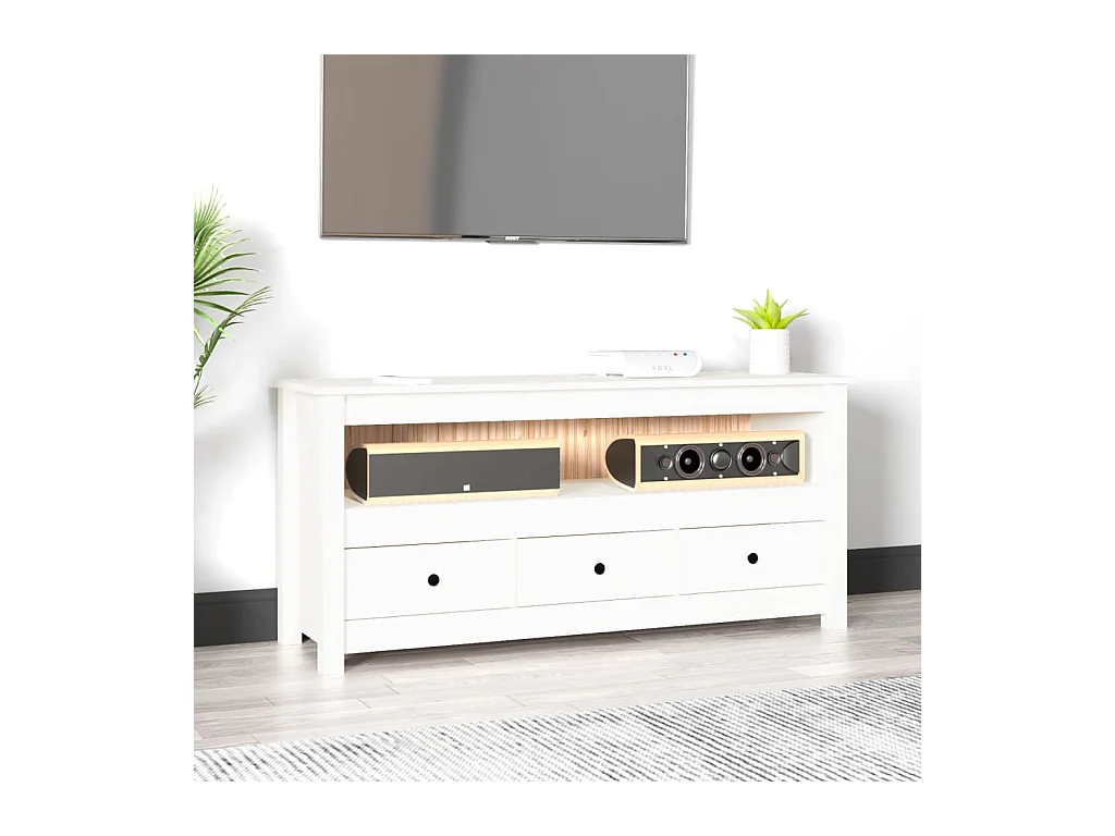Meuble TV Blanc 114x35x52 cm Bois de pin massif