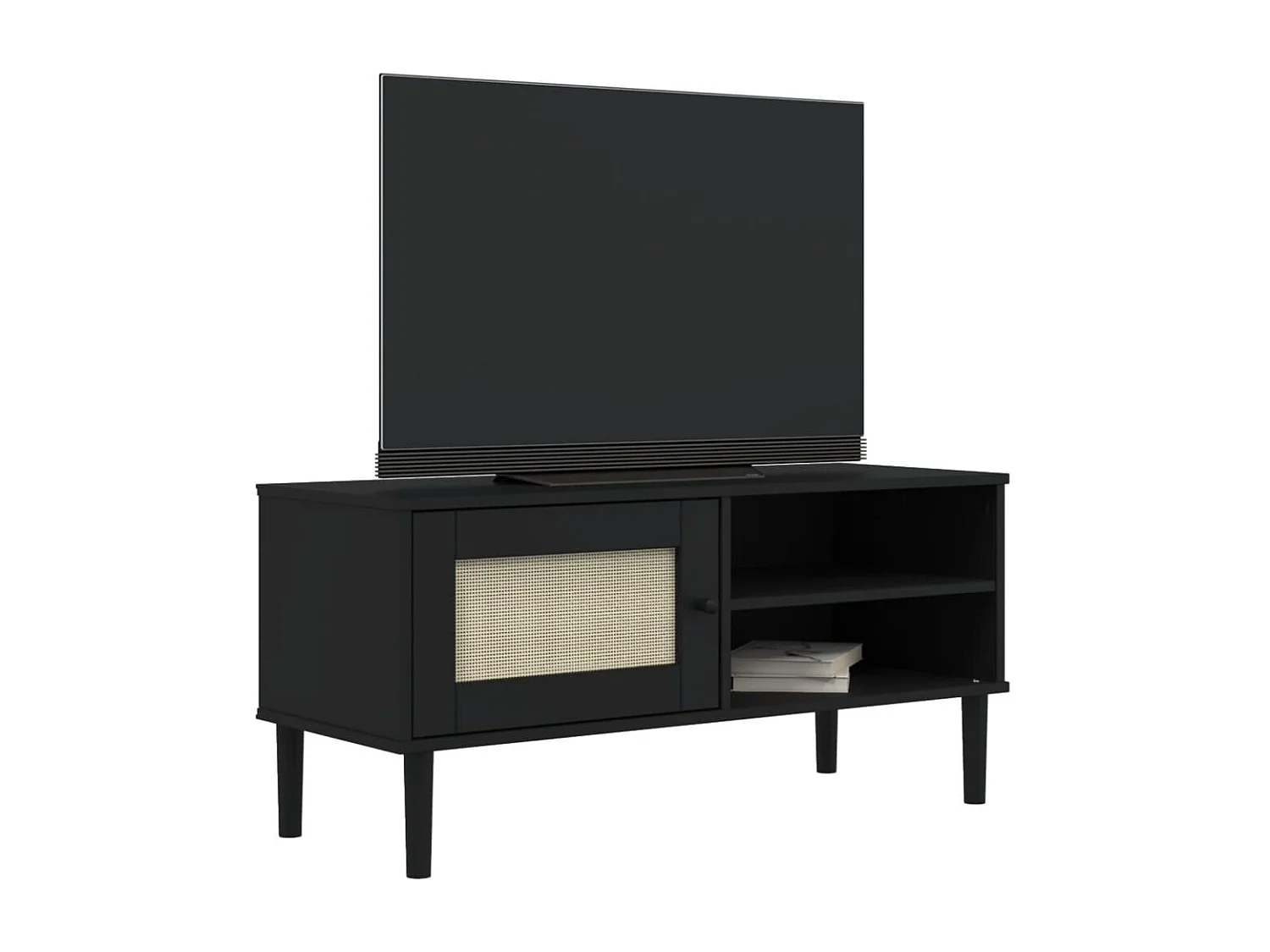 SENJA Mueble TV aspecto ratán negro 106x40x49cm madera maciza de pino
