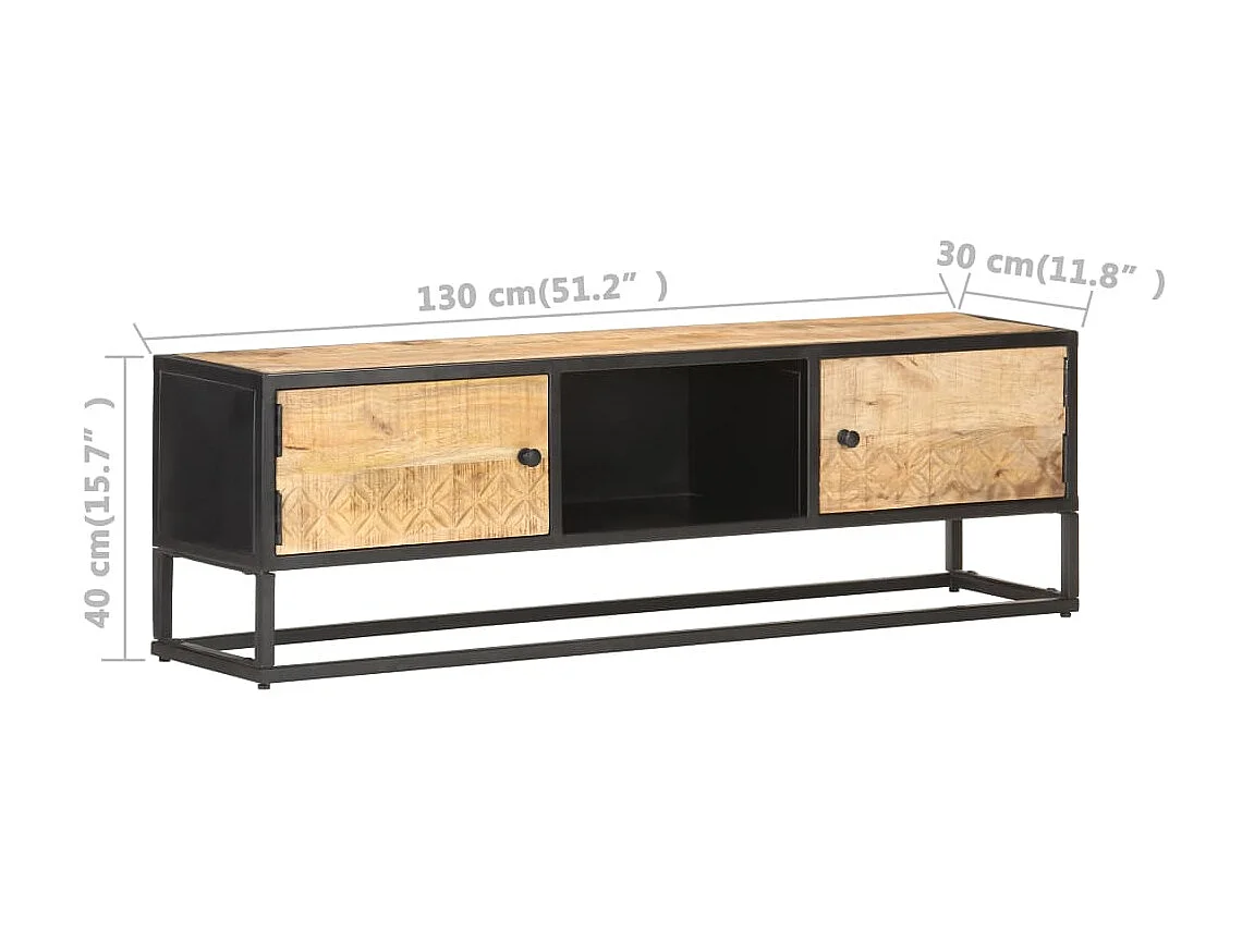 Meuble TV avec porte sculptée 130x30x40cm Bois de manguier brut