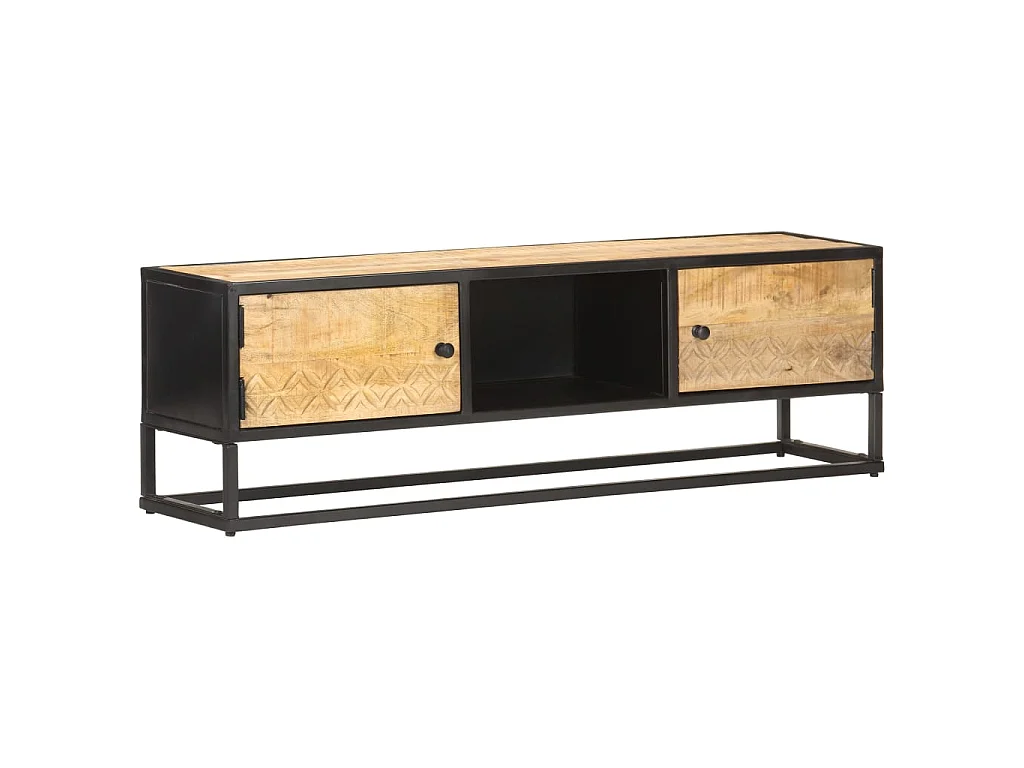 Meuble TV avec porte sculptée 130x30x40cm Bois de manguier brut