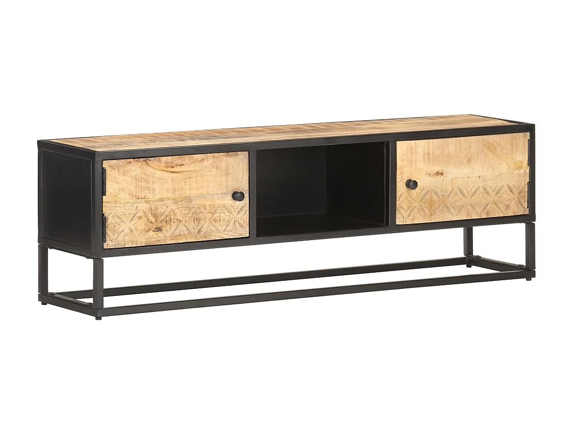 Meuble TV avec porte sculptée 130x30x40cm Bois de manguier brut