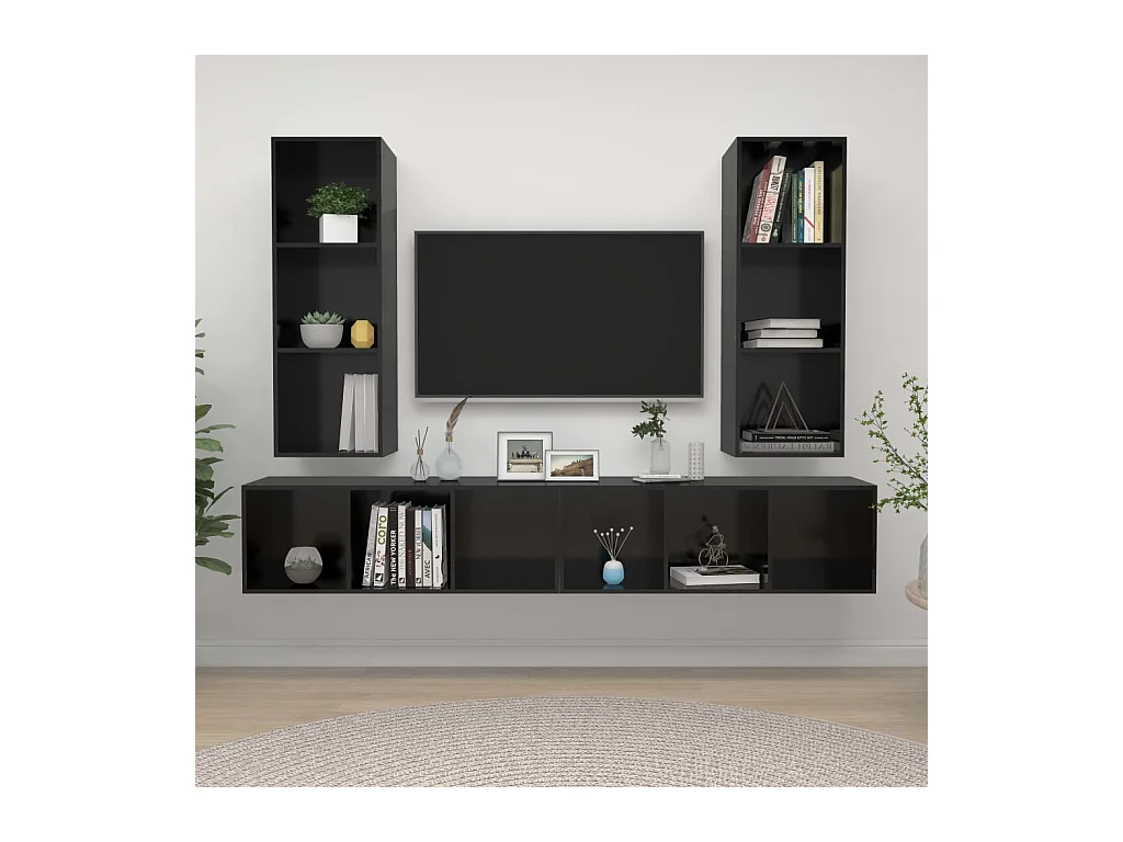 Meubles TV muraux 4 pcs Noir brillant Aggloméré