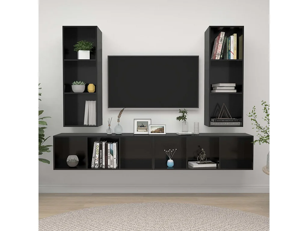 Meubles TV muraux 4 pcs Noir brillant Aggloméré