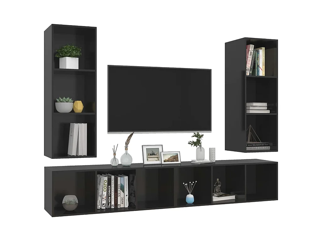 Meubles TV muraux 4 pcs Noir brillant Aggloméré