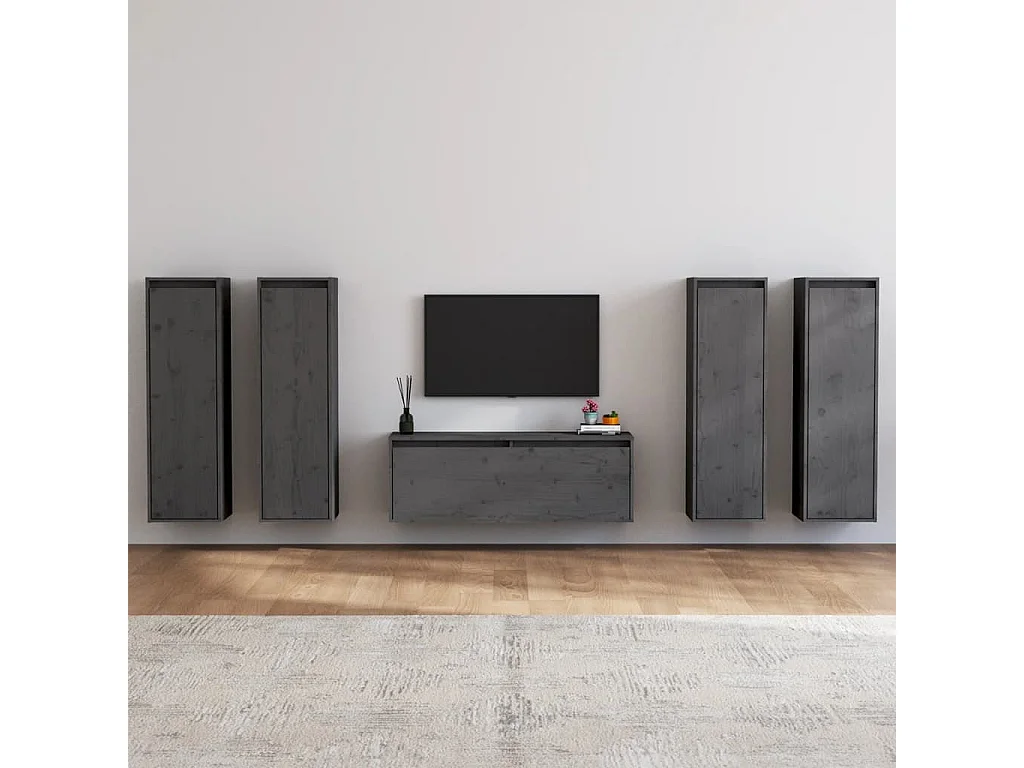 Mobile TV 5 pz Grigio Legno di pino massiccio