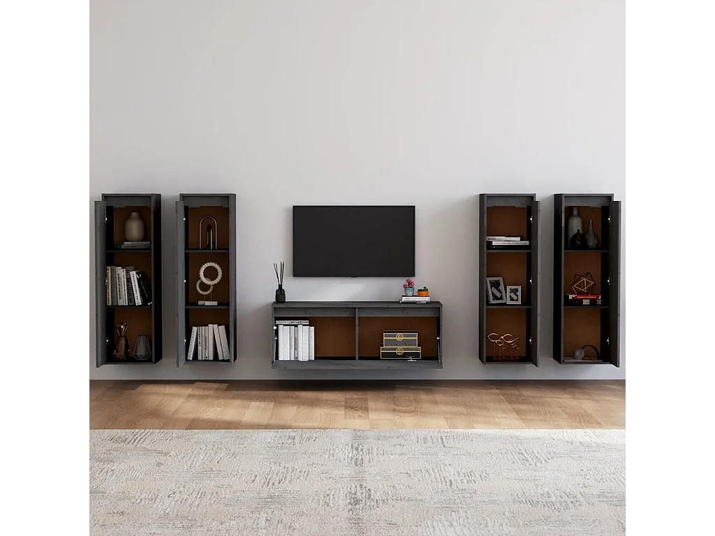 Mobile TV 5 pz Grigio Legno di pino massiccio