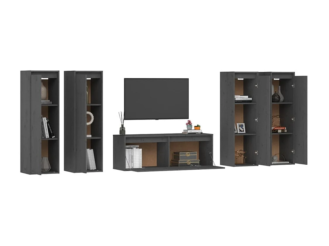 Mobile TV 5 pz Grigio Legno di pino massiccio