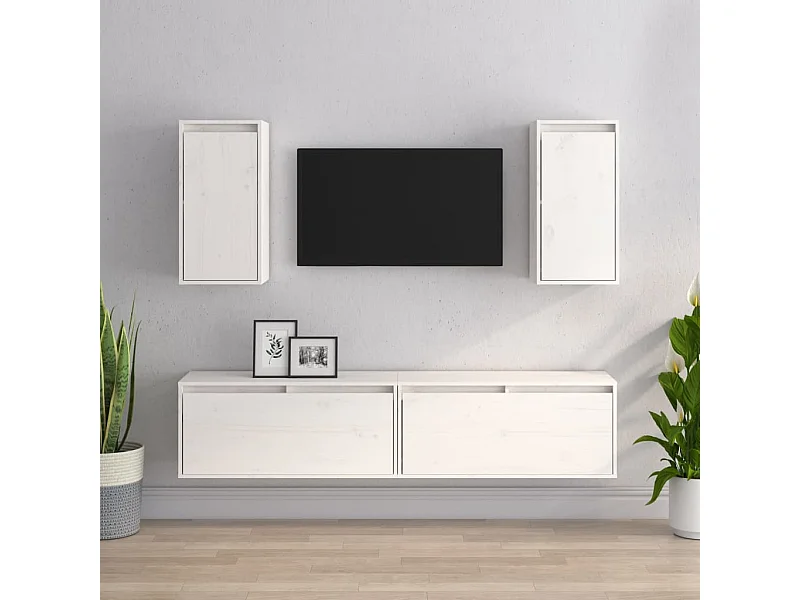 Mueble TV 4 piezas Blanco Madera maciza de pino