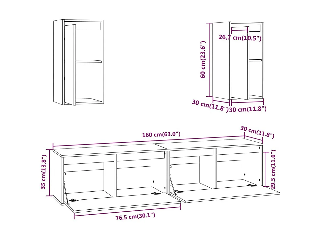 Meubles TV 4 pcs Blanc Bois massif de pin