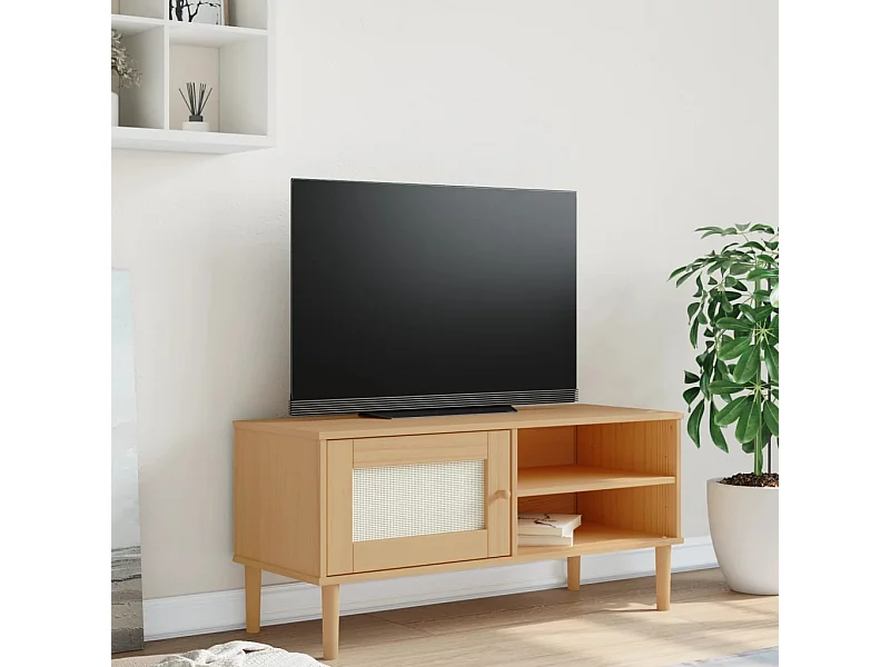 Meuble TV SENJA aspect rotin marron 106x40x49cm bois massif pin